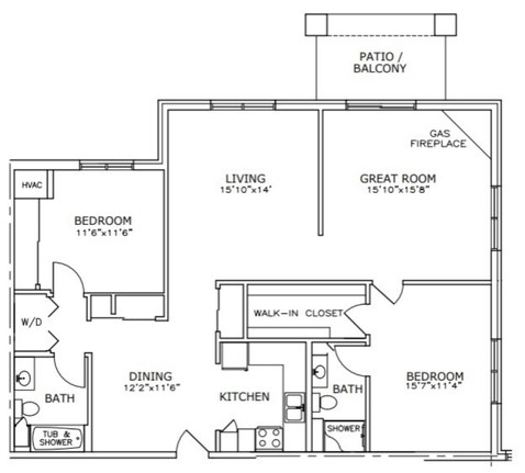 Floor plan for 2 beds, 2 baths, 1408 sqft